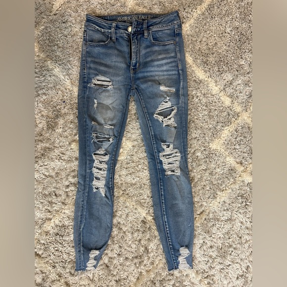 American Eagle Super Stretch Hi-Rose Jegging Medium Wash Ripped SIZE 2 - Picture 1 of 7